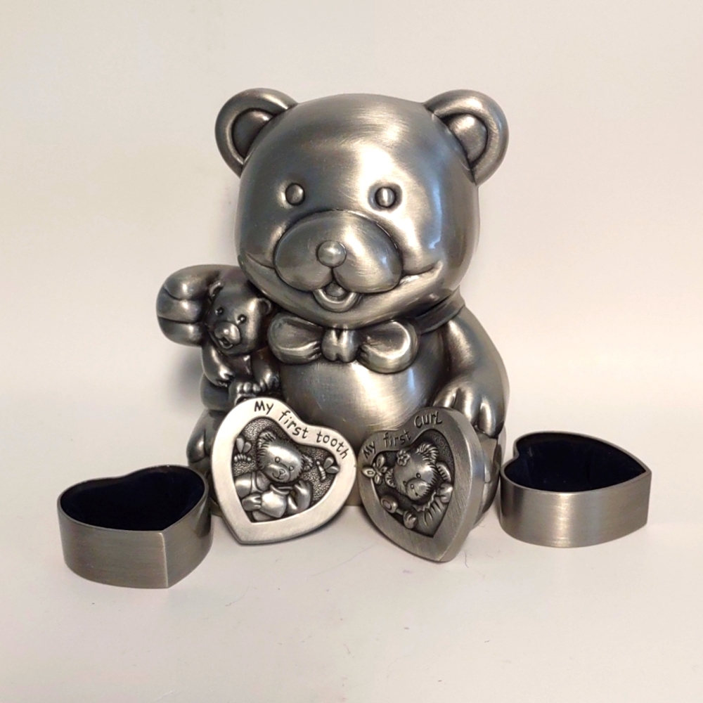 Pewter Teddy bear bank, first tooth,first curl set